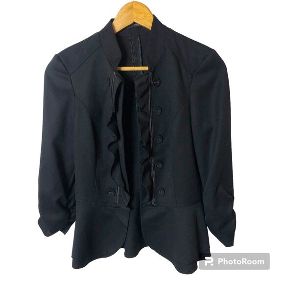 Maurice’s Cropped Black Open Blazer Women’s S Ruffle Spandex Quiet Luxury Career - Picture 1 of 9
